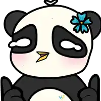 a black and white panda bear with a blue flower on its head