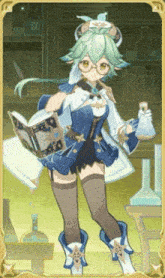 a girl with green hair is holding a book and a beaker in a lab .