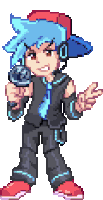 a pixel art drawing of a boy with blue hair holding a microphone