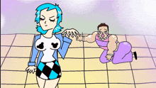 a cartoon of a woman with blue hair standing next to a woman with a purple dress