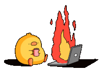 a cartoon duck is sitting next to a laptop and a fire coming out of it .
