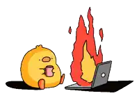a cartoon duck is sitting next to a laptop and a fire coming out of it .