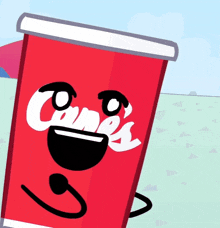 a cartoon drawing of a red cup with a face and the word cane 's written on it
