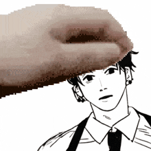 a black and white drawing of a man with his hand on his head