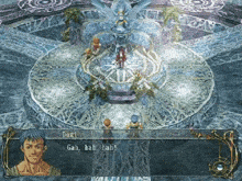 a video game screen shows a man talking to another man in front of a fountain