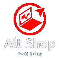 a red and white alt shop logo with an arrow pointing to it