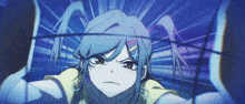 a girl with blue hair and a yellow shirt is looking at the camera