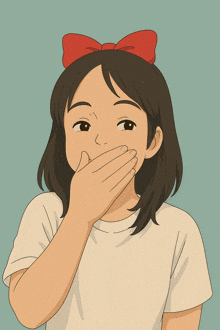 a girl with a red bow on her head covering her mouth with her hand