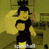 a roblox character with a crown on his head is holding a lantern and the word spinshall is on the bottom right