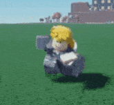a roblox character is standing in a field holding a gun .
