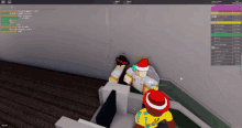 a screenshot of a video game shows a man wearing a santa hat talking to another man