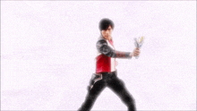 a young man in a red and white outfit is holding a sword in his hand .