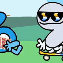 a cartoon character wearing sunglasses is holding a pair of cards