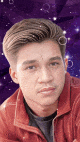 a man in a red jacket is looking at the camera with a purple background