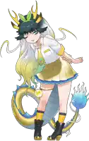 a girl with a dragon tail is wearing a yellow skirt