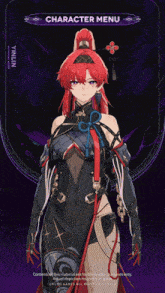 a character menu for a video game shows a red haired girl