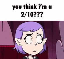 a cartoon of a girl with purple hair says " you think i 'm a 2 / 10 ? "