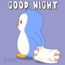a penguin carrying a pillow and a socks says good night