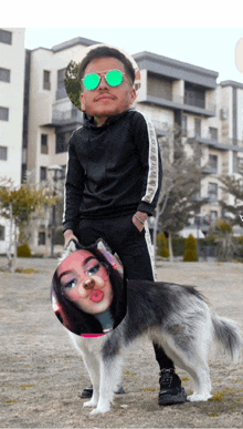 a man wearing sunglasses is standing next to a dog with a woman 's face on it