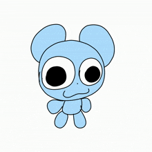 a cartoon drawing of a blue mouse with big black eyes