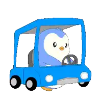 a penguin is driving a blue car with a steering wheel