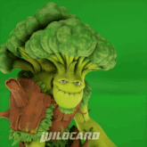 a statue of a broccoli giving a thumbs up with the word wildcard below it