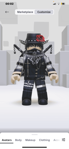 a screenshot of a roblox character with a hat and a rose on his head