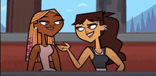 two cartoon characters are standing next to each other talking