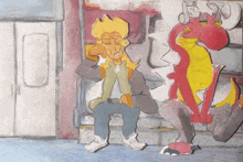 a cartoon drawing of a man sitting next to a red and yellow dragon