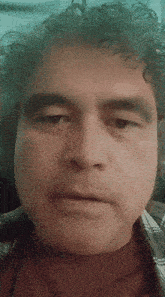 a man with curly hair is wearing a red shirt and a plaid shirt