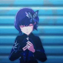 a girl with purple hair and a butterfly in her hair holds a key