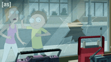a cartoon of rick and morty looking out a window