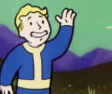 a cartoon of vault boy from fallout waving his hand .
