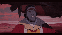 a cartoon drawing of a man in a red and yellow jacket