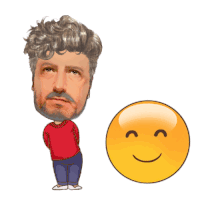 a man with a beard is standing next to a smiling face