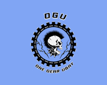 a logo for ogu one gear ubay with a mohawked skull