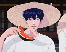 a man wearing a straw hat holds a slice of watermelon in his hand