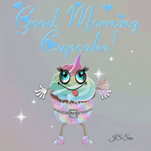 a cupcake with arms and legs is on a greeting card that says " good morning cupcake "