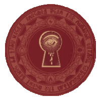 a red circle with an eye in a keyhole and a flame in the middle