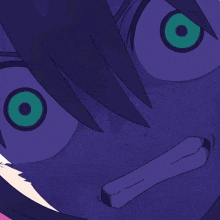 a close up of a person 's face with purple eyes and red centers