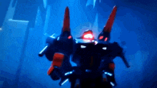 a robot with a red light on its head is in the dark