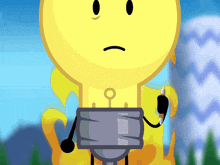 a cartoon light bulb with a sad face and a pen