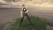 a video game character is standing on a grassy hill near the ocean