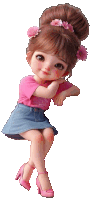 a little girl with flowers in her hair is wearing a pink shirt and a blue skirt