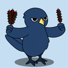 a cartoon of a bird holding two skewers of meat