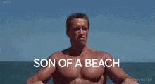 a shirtless man is standing on a boat in the ocean with the words `` son of a beach '' above him .