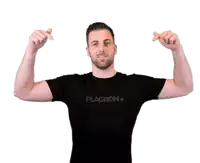 a man wearing a black shirt that says plagron