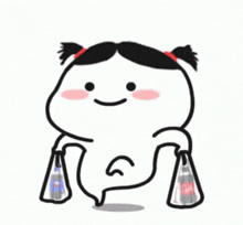 a cartoon girl with pigtails is holding a bag of soda and a bottle of water .
