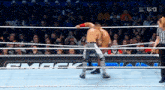 two men are wrestling in a ring with a sign that says smackdown in the background