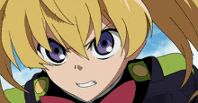 a girl with blonde hair and purple eyes is looking at the camera